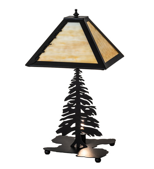 Meyda Lighting Tall Pines 22" 2-Light Textured Black Table Lamp With Beige Art Shade Glass