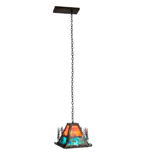 Meyda Lighting Tall Pines 22" 3-Light Antique Copper Left Pendant Light With Multi-Colored Shade Glass