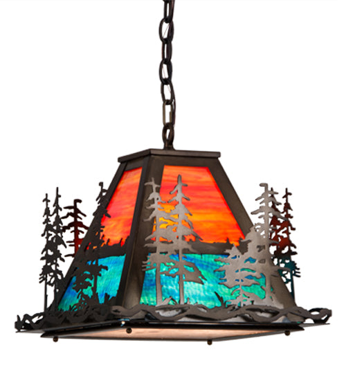 Meyda Lighting Tall Pines 22" 3-Light Antique Copper Left Pendant Light With Multi-Colored Shade Glass