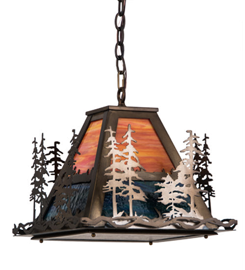 Meyda Lighting Tall Pines 22" 3-Light Antique Copper Left Pendant Light With Multi-Colored Shade Glass