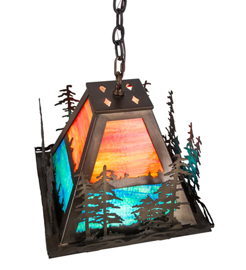 Meyda Lighting Tall Pines 22" 3-Light Antique Copper Left Pendant Light With Multi-Colored Shade Glass