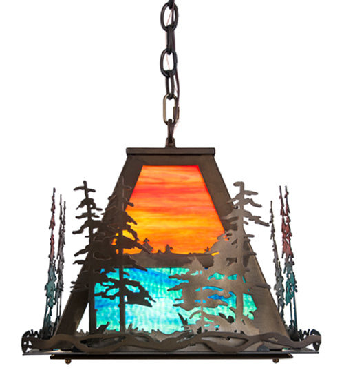 Meyda Lighting Tall Pines 22" 3-Light Antique Copper Left Pendant Light With Multi-Colored Shade Glass