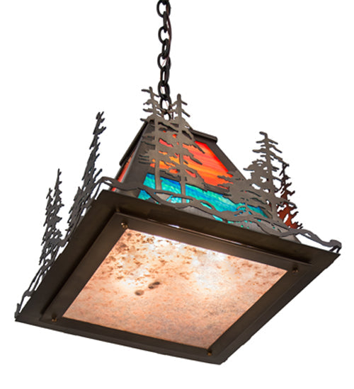 Meyda Lighting Tall Pines 22" 3-Light Antique Copper Left Pendant Light With Multi-Colored Shade Glass