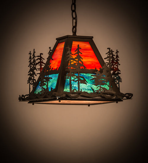 Meyda Lighting Tall Pines 22" 3-Light Antique Copper Left Pendant Light With Multi-Colored Shade Glass