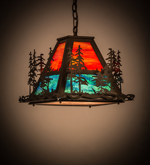 Meyda Lighting Tall Pines 22" 3-Light Antique Copper Pendant Light With Multi-Colored Shade Glass