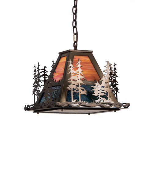 Meyda Lighting Tall Pines 22" 3-Light Antique Copper Pendant Light With Multi-Colored Shade Glass