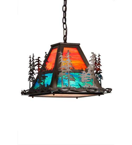 Meyda Lighting Tall Pines 22" 3-Light Antique Copper Pendant Light With Multi-Colored Shade Glass