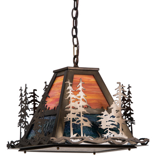 Meyda Lighting Tall Pines 22" 3-Light Antique Copper Pendant Light With Orange & Blue Green Art Shade Glass