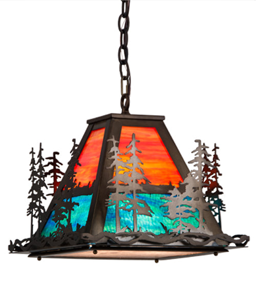 Meyda Lighting Tall Pines 22" 3-Light Antique Copper Pendant Light With Orange & Blue Green Art Shade Glass
