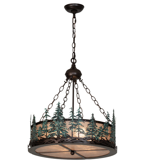 Meyda Lighting Tall Pines 22" 4-Light Mahogany Bronze & Green Trees Inverted Pendant Light With Silver Mica Shade Glass