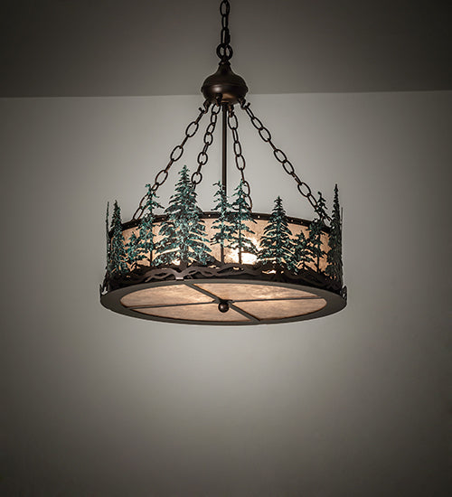 Meyda Lighting Tall Pines 22" 4-Light Mahogany Bronze & Green Trees Inverted Pendant Light With Silver Mica Shade Glass