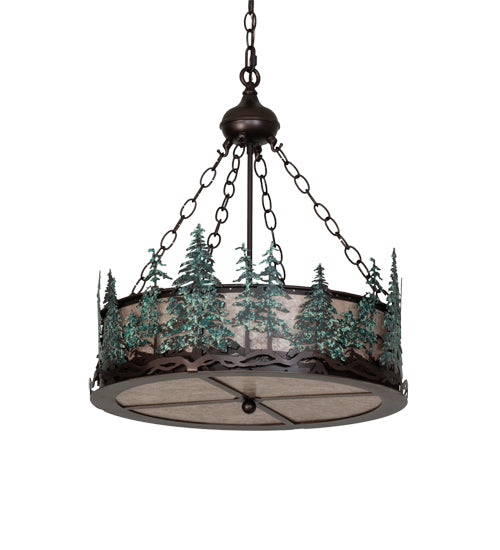 Meyda Lighting Tall Pines 22" 4-Light Mahogany Bronze & Green Trees Inverted Pendant Light With Silver Mica Shade Glass