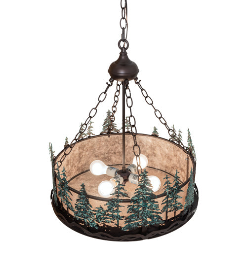 Meyda Lighting Tall Pines 22" 4-Light Mahogany Bronze & Green Trees Inverted Pendant Light With Silver Mica Shade Glass