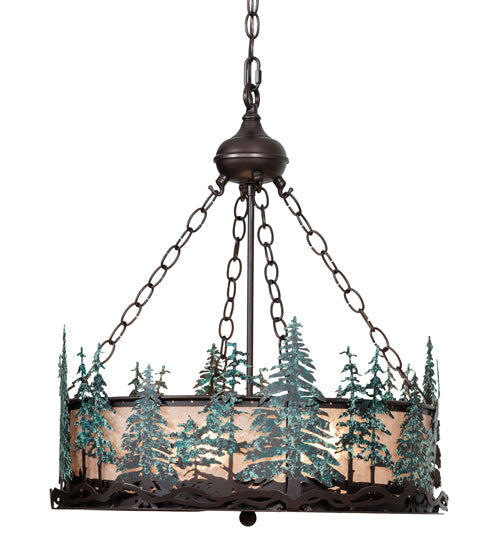 Meyda Lighting Tall Pines 22" 4-Light Mahogany Bronze & Green Trees Inverted Pendant Light With Silver Mica Shade Glass