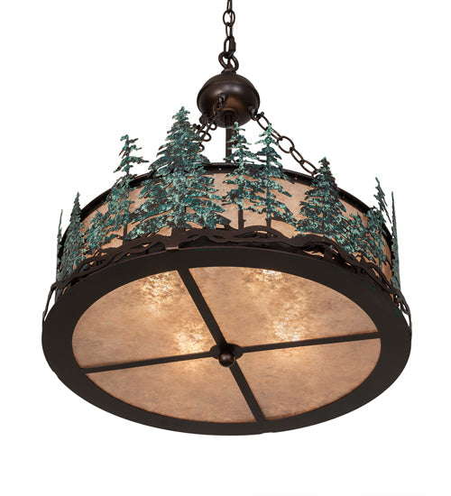 Meyda Lighting Tall Pines 22" 4-Light Mahogany Bronze & Green Trees Inverted Pendant Light With Silver Mica Shade Glass
