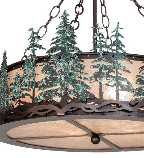 Meyda Lighting Tall Pines 22" 4-Light Mahogany Bronze & Green Trees Inverted Pendant Light With Silver Mica Shade Glass