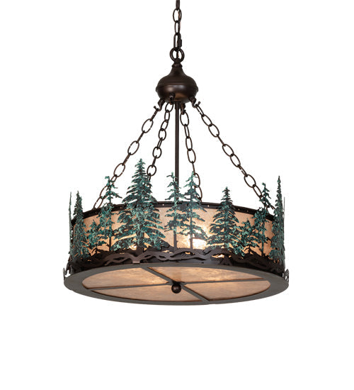 Meyda Lighting Tall Pines 22" 4-Light Mahogany Bronze & Green Trees Inverted Pendant Light With Silver Mica Shade Glass