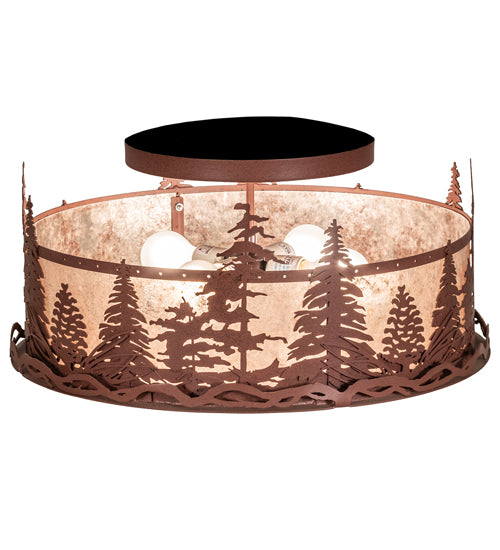 Meyda Lighting Tall Pines 22" 4-Light Rust Flush Mount Light With Silver Mica Shade Glass