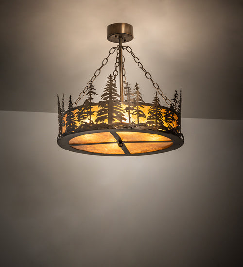 Meyda Lighting Tall Pines 23" 4-Light Antique Copper Inverted Pendant Light With Amber Mica Shade Glass