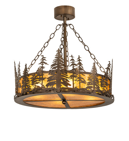 Meyda Lighting Tall Pines 23" 4-Light Antique Copper Inverted Pendant Light With Amber Mica Shade Glass