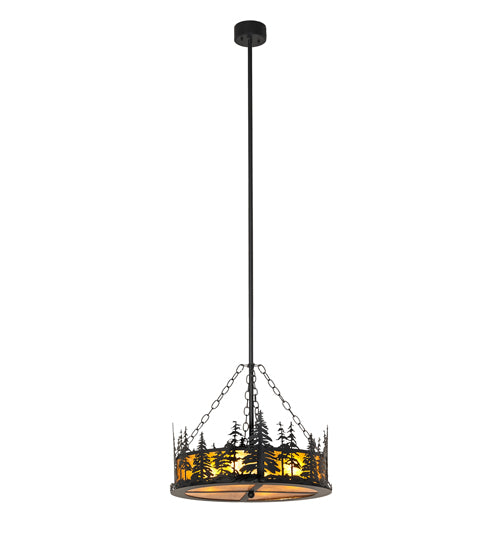 Meyda Lighting Tall Pines 23" 4-Light Textured Black Inverted Pendant Light With Amber Mica Shade Glass