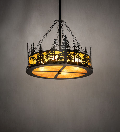 Meyda Lighting Tall Pines 23" 4-Light Textured Black Inverted Pendant Light With Amber Mica Shade Glass