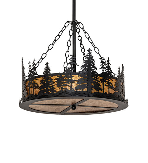 Meyda Lighting Tall Pines 23" 4-Light Textured Black Inverted Pendant Light With Amber Mica Shade Glass
