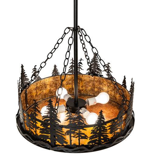 Meyda Lighting Tall Pines 23" 4-Light Textured Black Inverted Pendant Light With Amber Mica Shade Glass