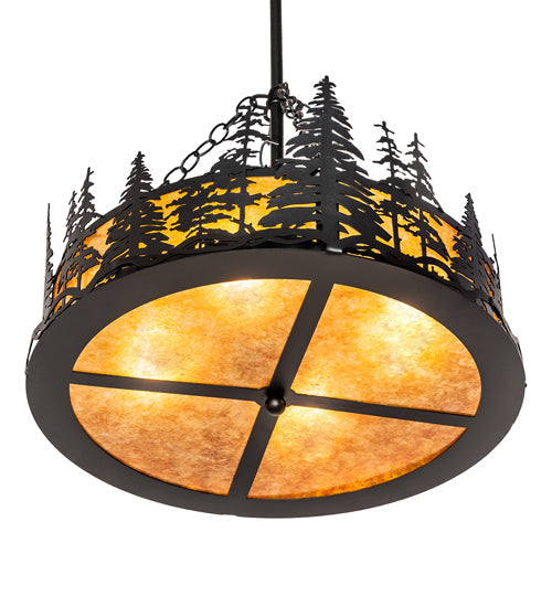Meyda Lighting Tall Pines 23" 4-Light Textured Black Inverted Pendant Light With Amber Mica Shade Glass