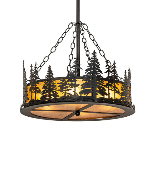 Meyda Lighting Tall Pines 23" 4-Light Textured Black Inverted Pendant Light With Amber Mica Shade Glass
