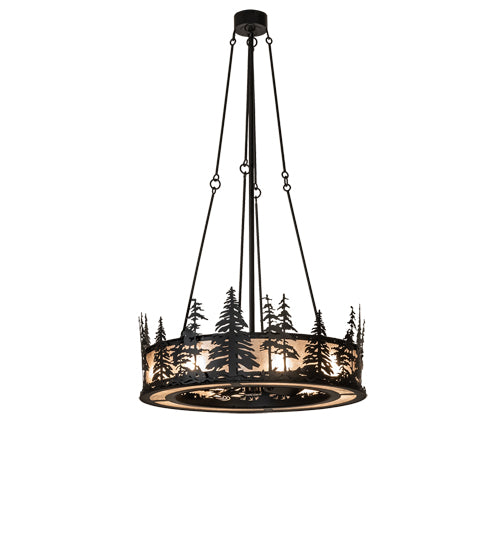 Meyda Lighting Tall Pines 233793 45" 8-Light Satin Black Wrought Iron Chandelier With Silver Mica Shade Glass and Fan