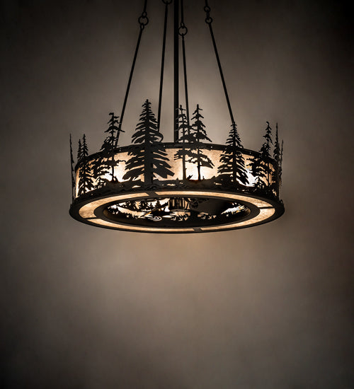 Meyda Lighting Tall Pines 233793 45" 8-Light Satin Black Wrought Iron Chandelier With Silver Mica Shade Glass and Fan