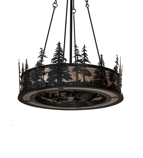 Meyda Lighting Tall Pines 233793 45" 8-Light Satin Black Wrought Iron Chandelier With Silver Mica Shade Glass and Fan