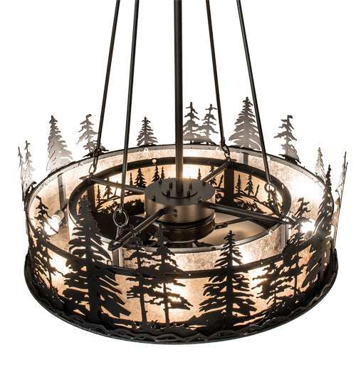 Meyda Lighting Tall Pines 233793 45" 8-Light Satin Black Wrought Iron Chandelier With Silver Mica Shade Glass and Fan