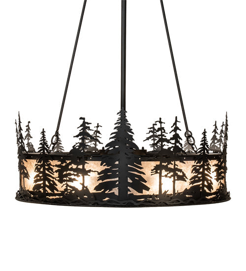 Meyda Lighting Tall Pines 233793 45" 8-Light Satin Black Wrought Iron Chandelier With Silver Mica Shade Glass and Fan