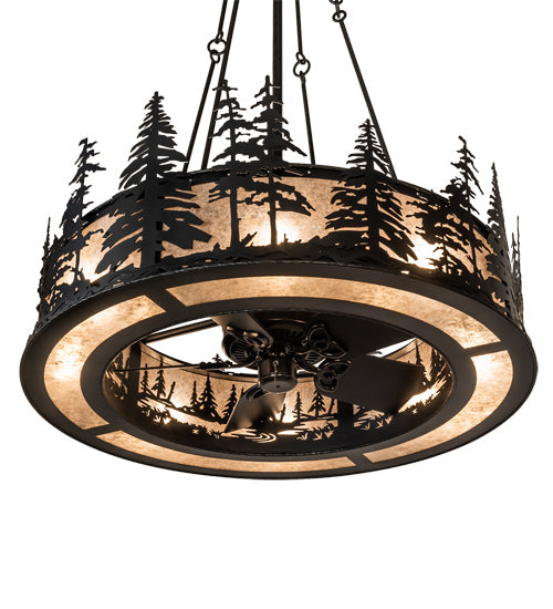 Meyda Lighting Tall Pines 233793 45" 8-Light Satin Black Wrought Iron Chandelier With Silver Mica Shade Glass and Fan