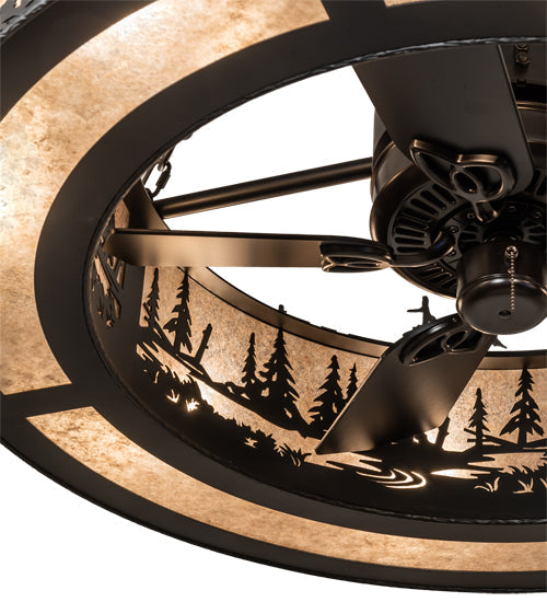 Meyda Lighting Tall Pines 233793 45" 8-Light Satin Black Wrought Iron Chandelier With Silver Mica Shade Glass and Fan