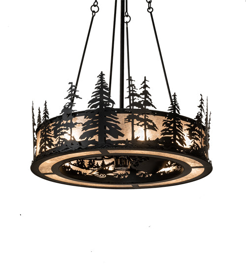 Meyda Lighting Tall Pines 233793 45" 8-Light Satin Black Wrought Iron Chandelier With Silver Mica Shade Glass and Fan