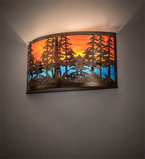 Meyda Lighting Tall Pines 24" 2-Light Antique Copper Wall Sconce With Orange & Blue Green Art Shade Glass