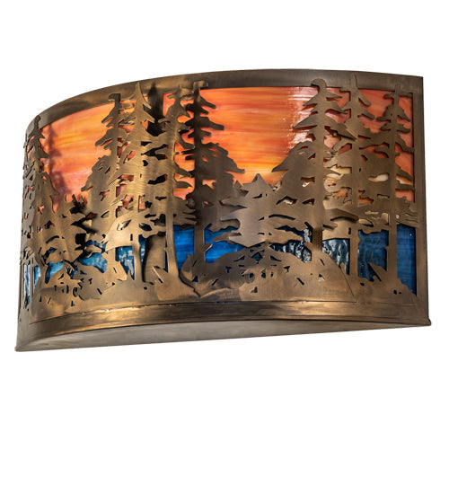 Meyda Lighting Tall Pines 24" 2-Light Antique Copper Wall Sconce With Orange & Blue Green Art Shade Glass