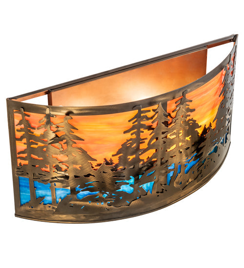 Meyda Lighting Tall Pines 24" 2-Light Antique Copper Wall Sconce With Orange & Blue Green Art Shade Glass