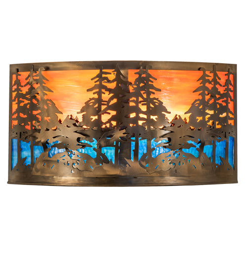 Meyda Lighting Tall Pines 24" 2-Light Antique Copper Wall Sconce With Orange & Blue Green Art Shade Glass