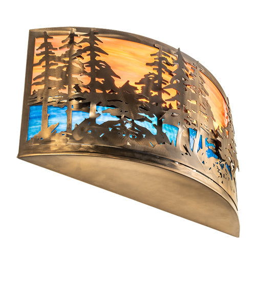 Meyda Lighting Tall Pines 24" 2-Light Antique Copper Wall Sconce With Orange & Blue Green Art Shade Glass