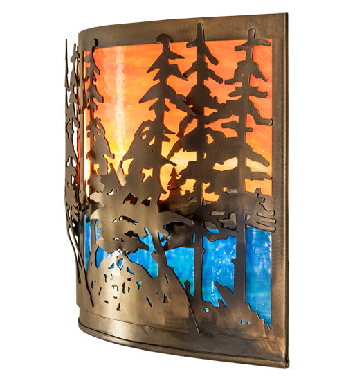 Meyda Lighting Tall Pines 24" 2-Light Antique Copper Wall Sconce With Orange & Blue Green Art Shade Glass