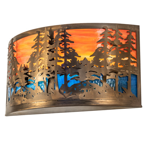 Meyda Lighting Tall Pines 24" 2-Light Antique Copper Wall Sconce With Orange & Blue Green Art Shade Glass