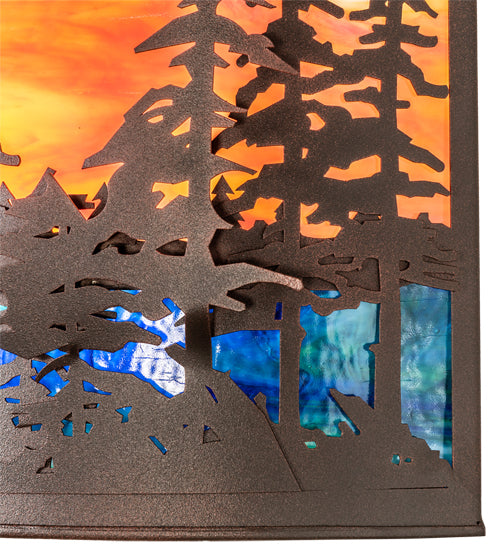 Meyda Lighting Tall Pines 24" 2-Light Rust & Wrought Iron Wall Sconce With Orange & Blue Shade Glass