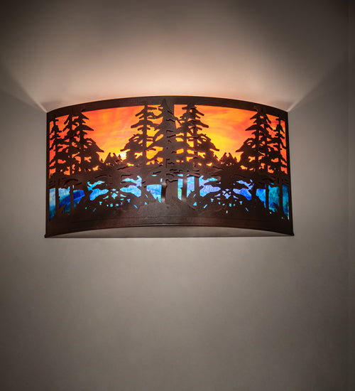Meyda Lighting Tall Pines 24" 2-Light Rust & Wrought Iron Wall Sconce With Orange & Blue Shade Glass