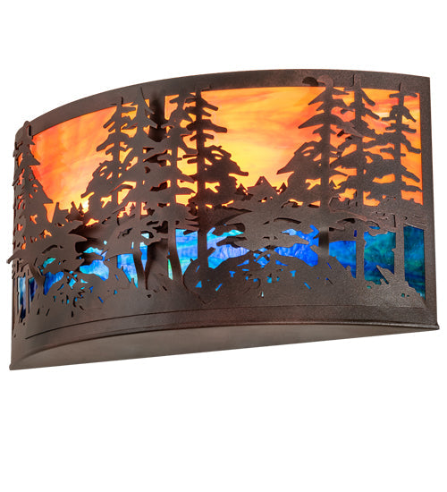Meyda Lighting Tall Pines 24" 2-Light Rust & Wrought Iron Wall Sconce With Orange & Blue Shade Glass