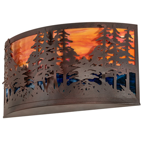 Meyda Lighting Tall Pines 24" 2-Light Rust & Wrought Iron Wall Sconce With Orange & Blue Shade Glass