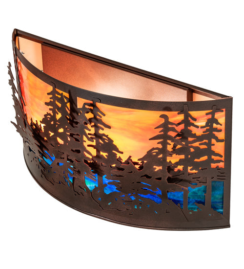 Meyda Lighting Tall Pines 24" 2-Light Rust & Wrought Iron Wall Sconce With Orange & Blue Shade Glass